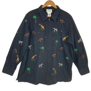 The Quacker Factory Zip Front Top Womens 1X Black Safari Animals Embroidery Gems